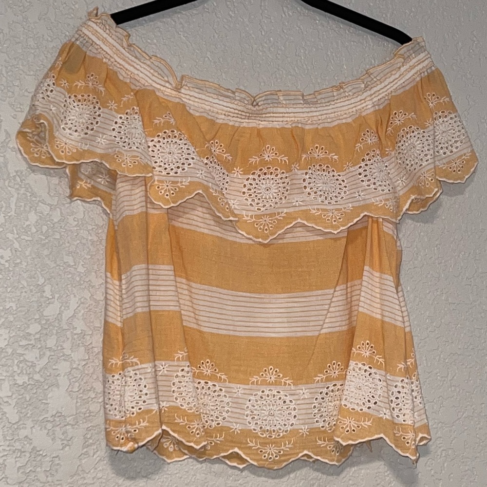 NWOT American Eagle Small Yellow and White Striped Off The Shoulder Crop Top